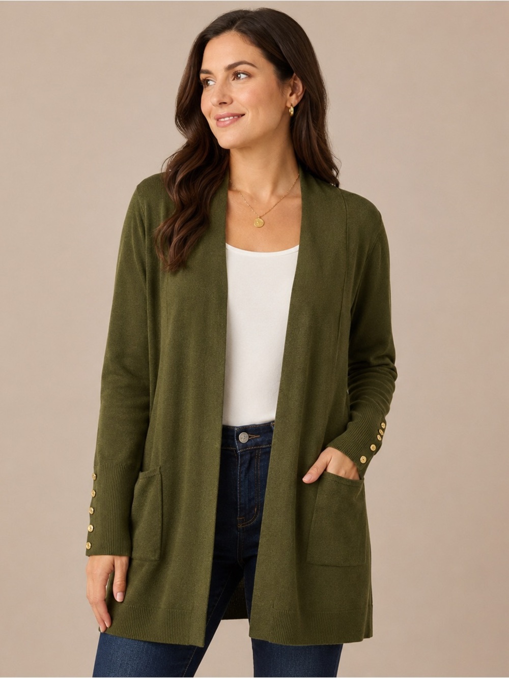 JM Collection Olive Green Open Front Cardigan Sweater Gold Button Sleeve XL NWT